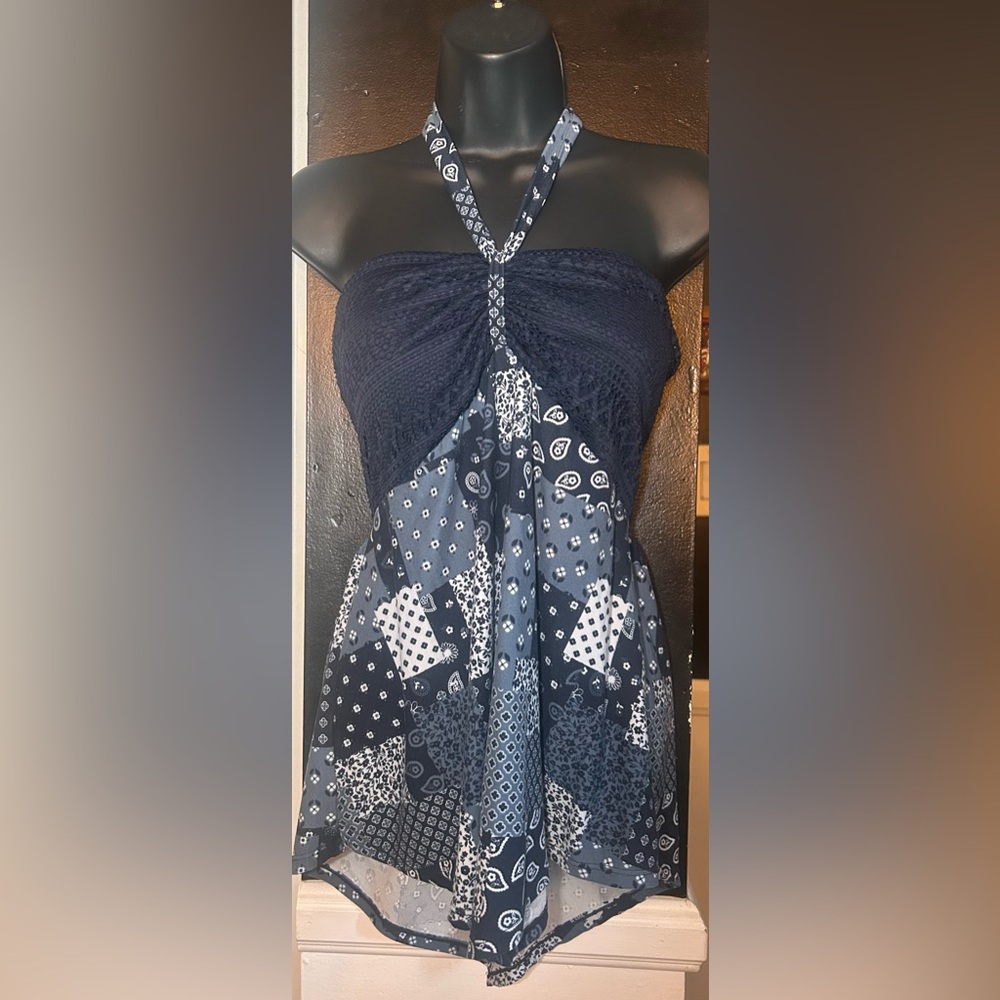 No Boundaries Dark Blue and White Patchwork Halter Top boho whimsical hippie